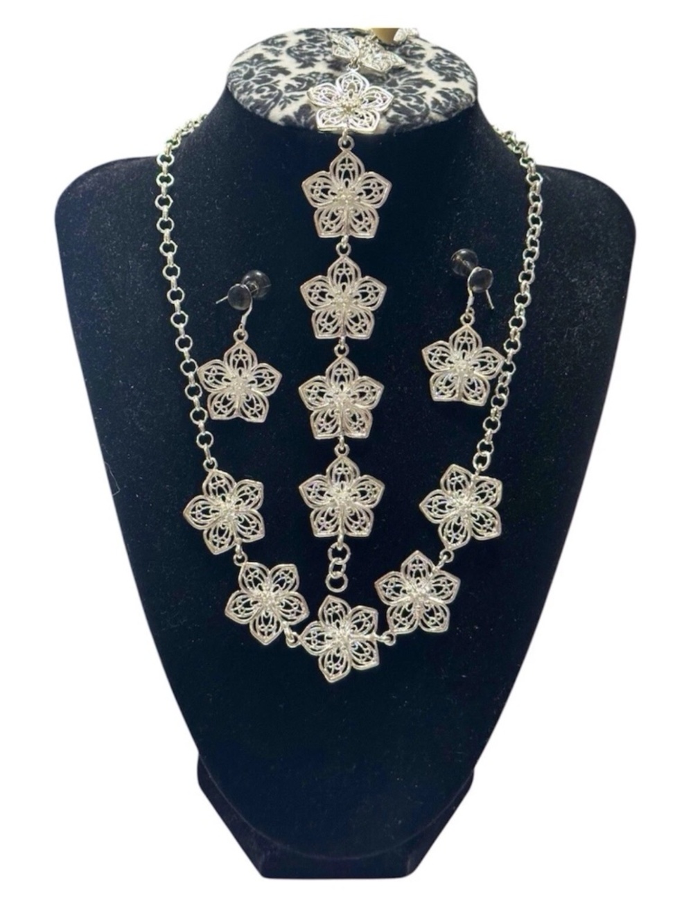 .925 Floral Silver Jewelry Set|Necklace, Bracelet and Earrings|Handmade|Elegant